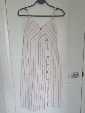 Striped White Sleeveless Button-Front Midi Dress